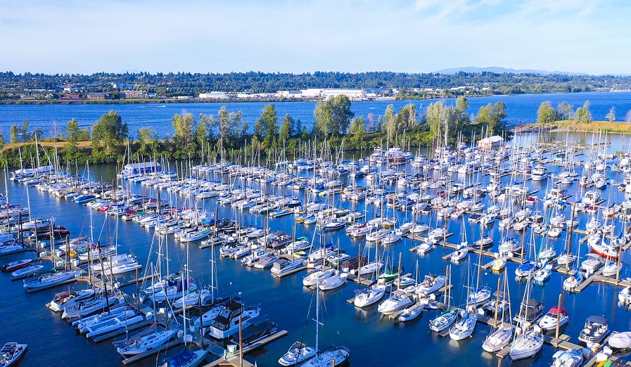Ariel view from the wakling paths of docks and sail boats at Tomahawk Bay Marina on Hayden Island in Portland Oregon