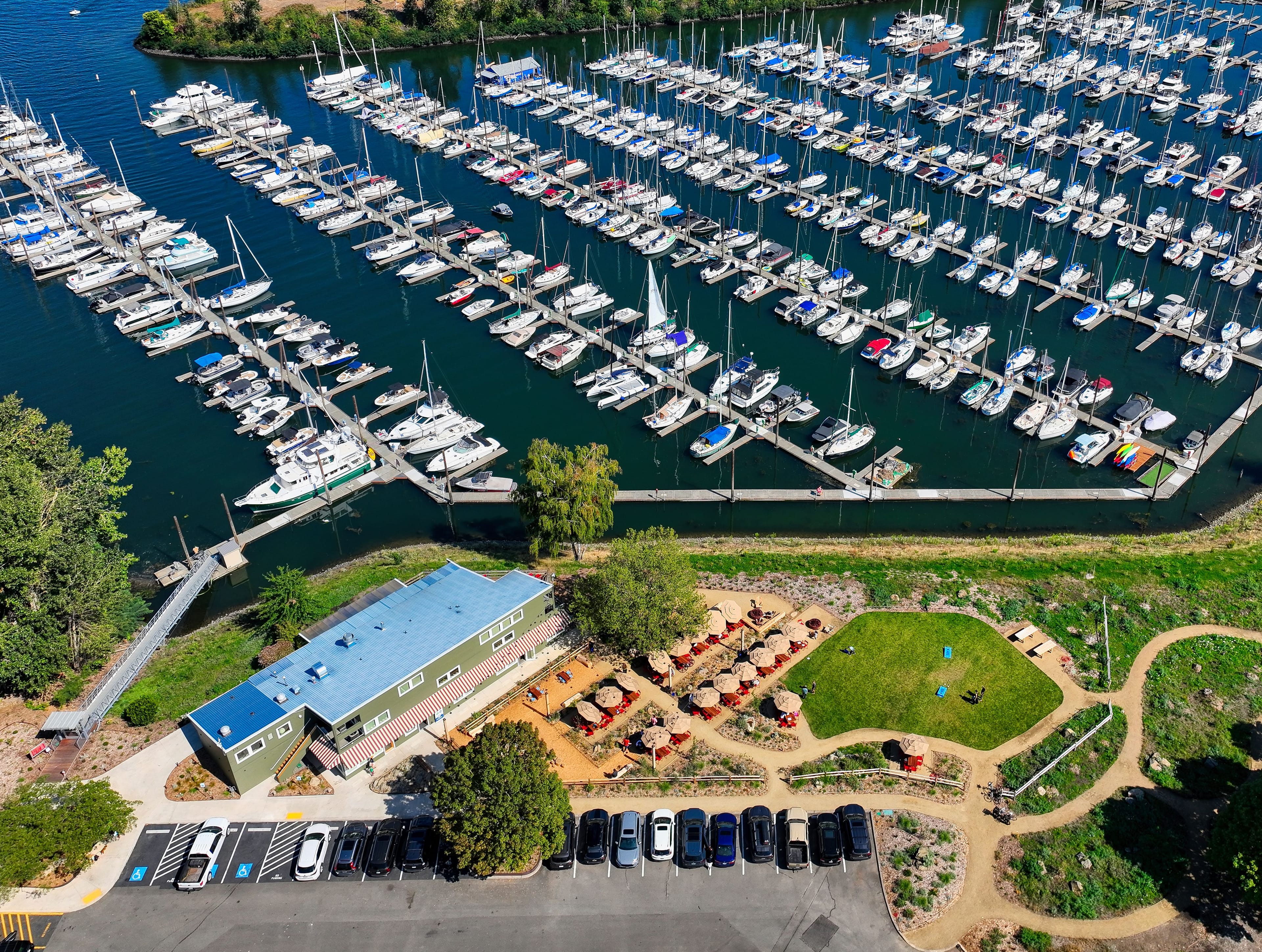 View of Tomahawk Bay from Above, Many Boaters at the Marina